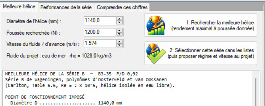 onglet Meilleure helice, champs diametre poussee et vitesse renseignes