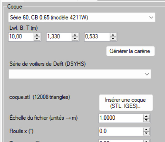 onglet Modele et vague, bibliotheque de carenes et groupe Coque