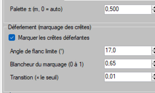 onglet Rendu, ecume de vent et marquage des cretes