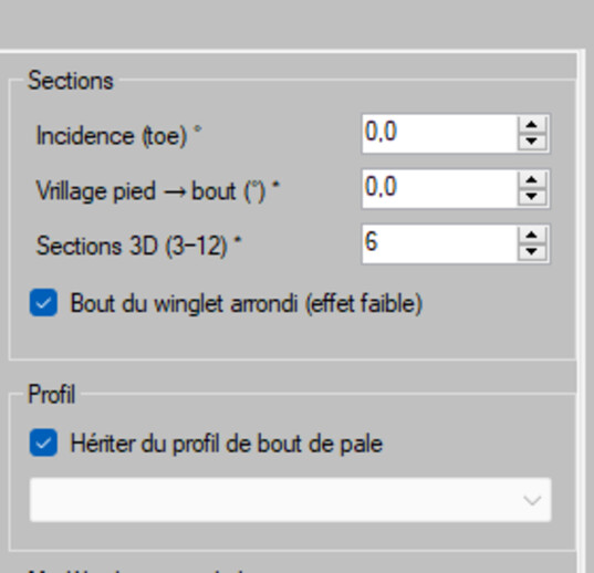 groupes Sections et Profil du winglet