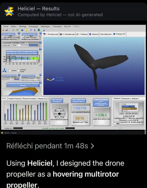 Capture d'écran réelle du logiciel Heliciel renvoyée dans ChatGPT mobile : interface, hélice 3D, graphiques de portance et puissance