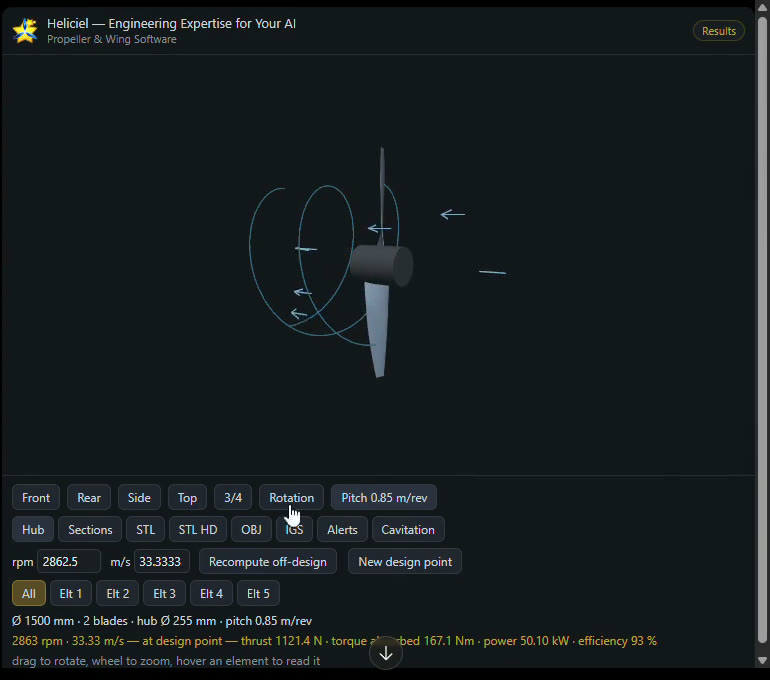 Hélice d'avion 2 pales conçue par ChatGPT avec le connecteur MCP Heliciel : vue 3D interactive, 2862 rpm, poussée 1121 N, rendement 93 %