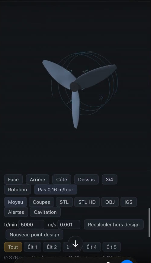 Hélice tripale de drone affichée en 3D dans l'application ChatGPT sur iPhone via Heliciel MCP, boutons de vue et d'export STL
